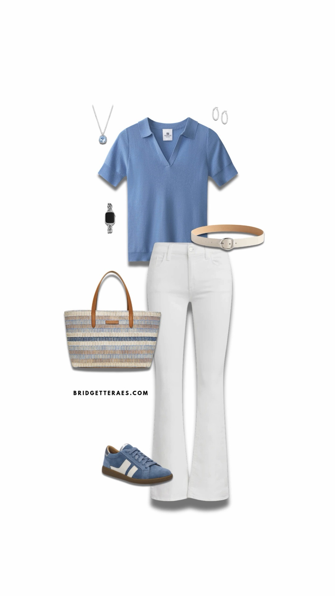 The soft blue knit polo brings a refined yet relaxed feel, offering just enough structure to look intentional while maintaining an easygoing vibe. Paired with bright white flared jeans, the look instantly feels elevated, elongating the silhouette and creating a clean, sophisticated foundation. The woven tote introduces subtle texture and a touch of coastal charm, while the coordinating blue sneakers keep the outfit comfortable and modern without sacrificing style. Silver accessories echo the cool tones throughout the look, adding a sleek finishing touch that feels understated and elegant. Whether you’re heading to an office, meeting friends for lunch, or tackling a networking event, this outfit proves that classic pieces in fresh colors can feel both timeless and completely current.

#LTKootd #LTKgrwm #LTKWorkwear