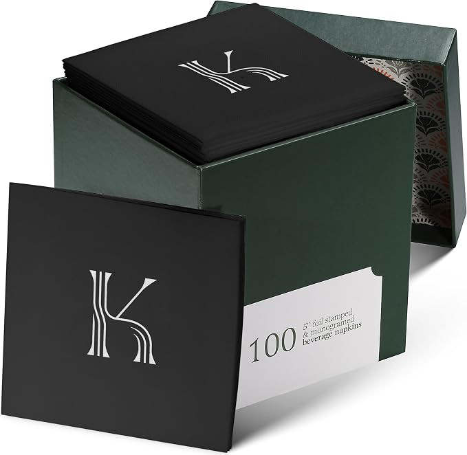 100 Pack Disposable Monogrammed Cocktail Napkins Black, 5"x5" Linen-Feel Silver Foil Letter K Pap... | Amazon (US)