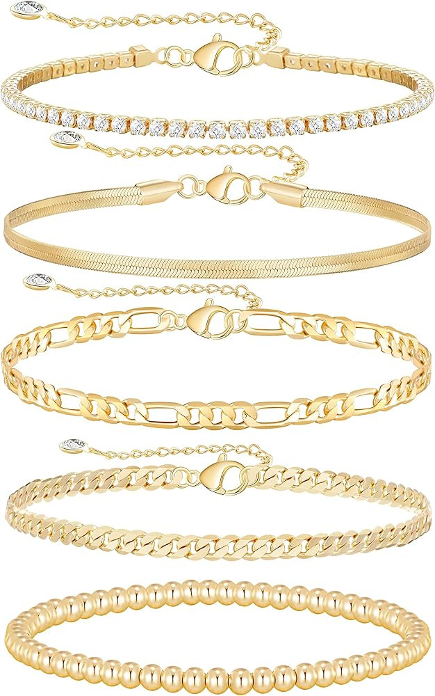 MOROTOLE 5PCS 14K Gold Plated Bracelets Set for Women Men Adjustable Hypoallergenic Stackable Str... | Amazon (CA)