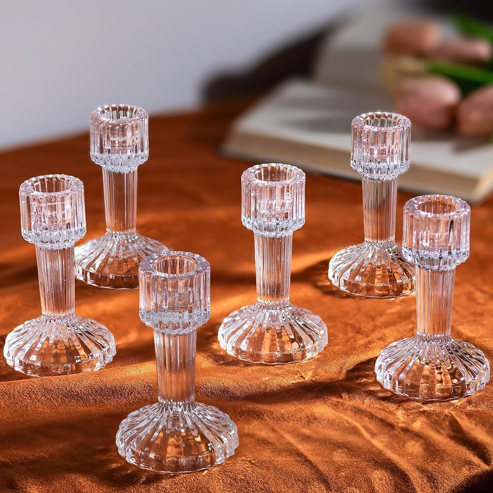 Hewory Glass Candlestick Holders Set of 6: Clear Candle Holder Taper Candle Holders Bulk, Crystal... | Amazon (US)
