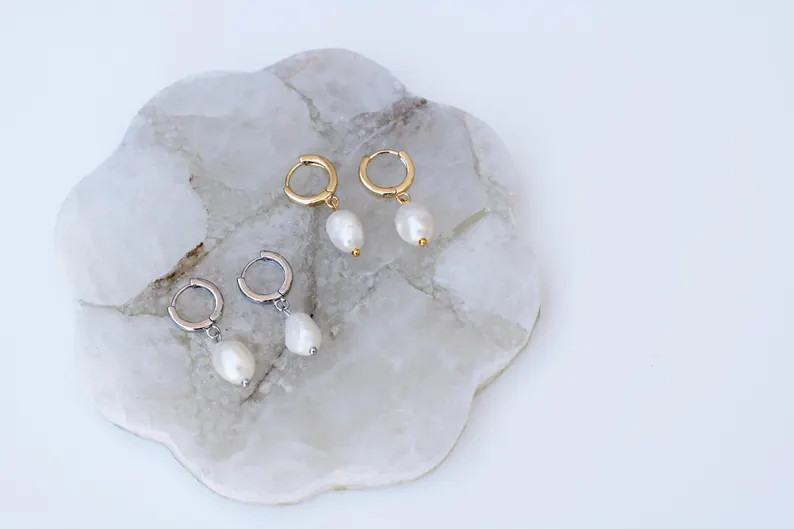 Pearl Drop Hoop Earrings| Freshwater Pearl Hoop Earrings | Real Baroque Pearl Earrings | Gold Pea... | Etsy (US)