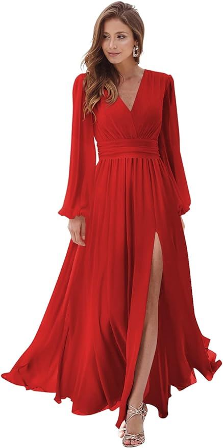 Loyeloy Women's Long Sleeve Prom Dresses with Slit V Neck A Line Chiffon Formal Evening Gowns wit... | Amazon (US)