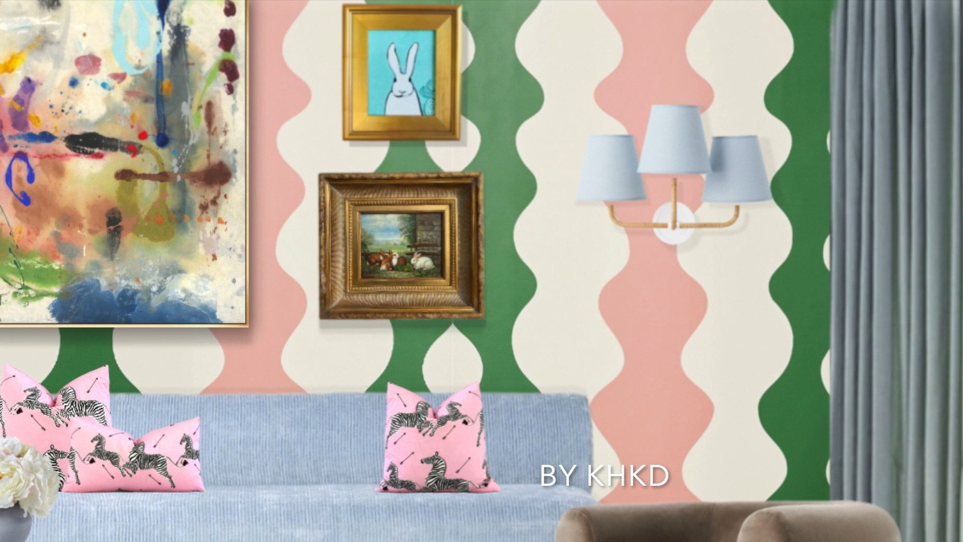 Living Room  Easter Decor Idea—-We’re in the mood for a splash of color. So this dramatic bold wallpaper takes the center stage and serves as a perfect backdrop for our handpicked paintings on the wall. We chose blue Modular armless sofas from #Anthropologie to anchor the room thanks to its modern and simplicity design. Two of taupe accent chairs from Anthropologie provide the extra seating with style A reeded oak coffee table from #Arhaus is a perfect match for all of the seating pieces. We love the brass accents and white marble top on the coffee table. The blue drapes elevate the whole space with softness and sophistication. The pink iconic Zebra pillows are playful. . A #Serena&Lily’s hand-knotted rug brings in a touch of classicism and echoes the coastal blue on the wall sconces. 

#LTKhome #LTKsalealert #LTKSpringSale