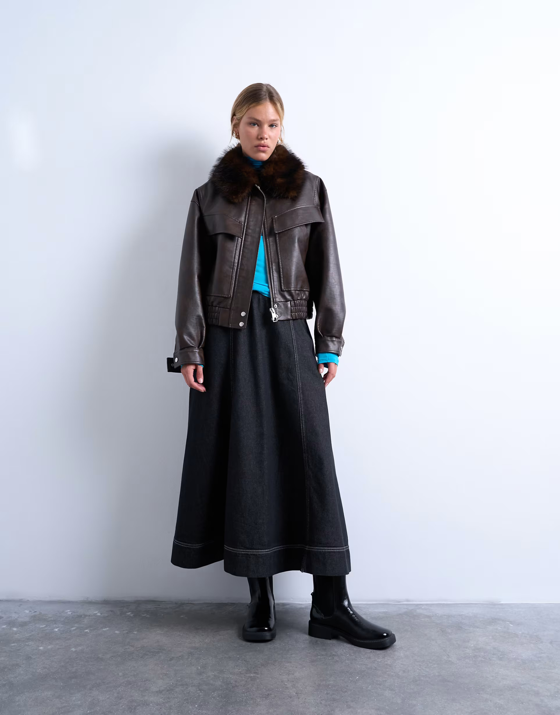 Topshop faux leather boxy zip through pocket bomber jacket with detachable fur collar in washed b... | ASOS (Global)