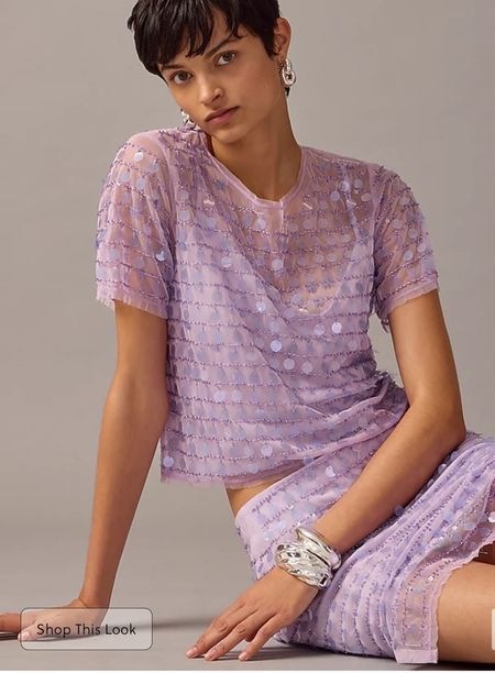 JCrew Collection layered sequin T-shirt. A sheer, shimmery short-sleeve, with a camisole attached underneath for coverage. In other words, the perfect layering piece to instantly elevate every outfit. Pro tip: Pair it with the matching skirt for a light-reflecting look.

#LTKstyletip #LTKparties #LTKworkwear
