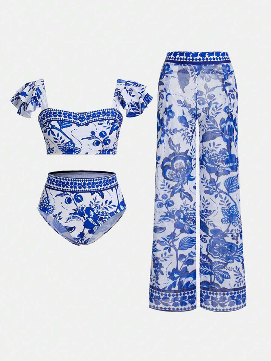 Swim Oasis 3pcs Women's Vacation Beach Floral Print Bikini Set Summer | SHEIN