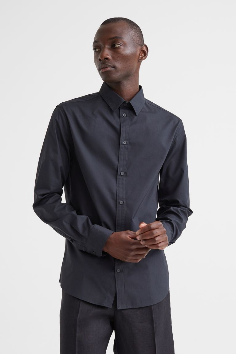 Slim Fit Easy-iron shirt - Black - Men | H&M GB | H&M (UK, MY, IN, SG, PH, TW, HK)