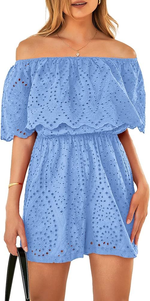 PRETTYGARDEN Womens 2024 Embroidery Rompers Dressy Summer Casual Off Shoulder Ruffle Shorts Jumps... | Amazon (US)