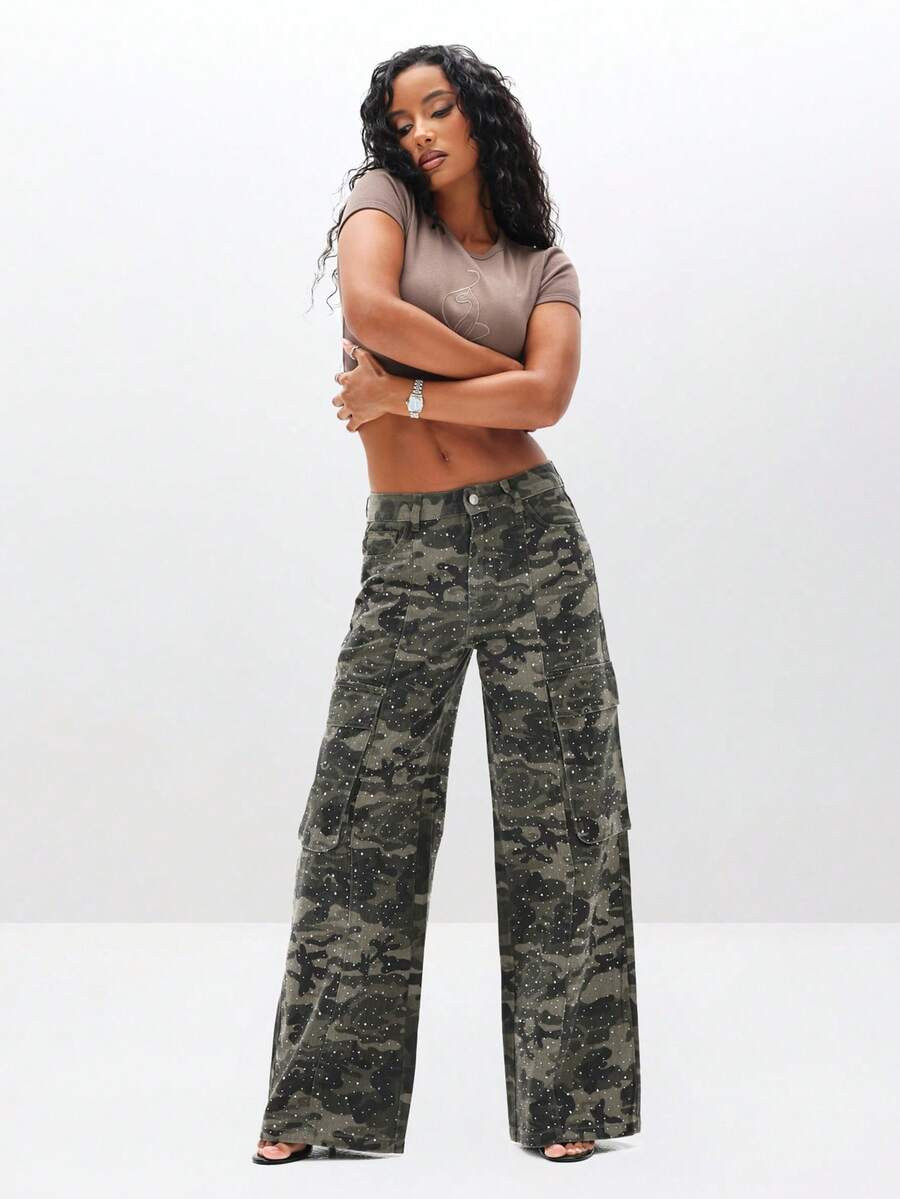 BABYPHAT Baggy Cargo Camouflage Rhinestone Wide Leg High Waisted Fashion Denim Bottoms For Casual... | SHEIN