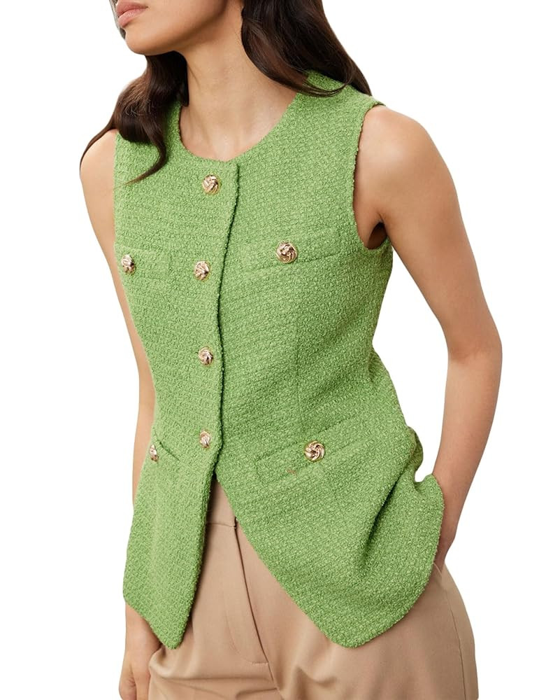 Women's Tweed Blazer Vest Sleeveless Button Front Casual Blazer Jackets Work Office Vest | Amazon (US)