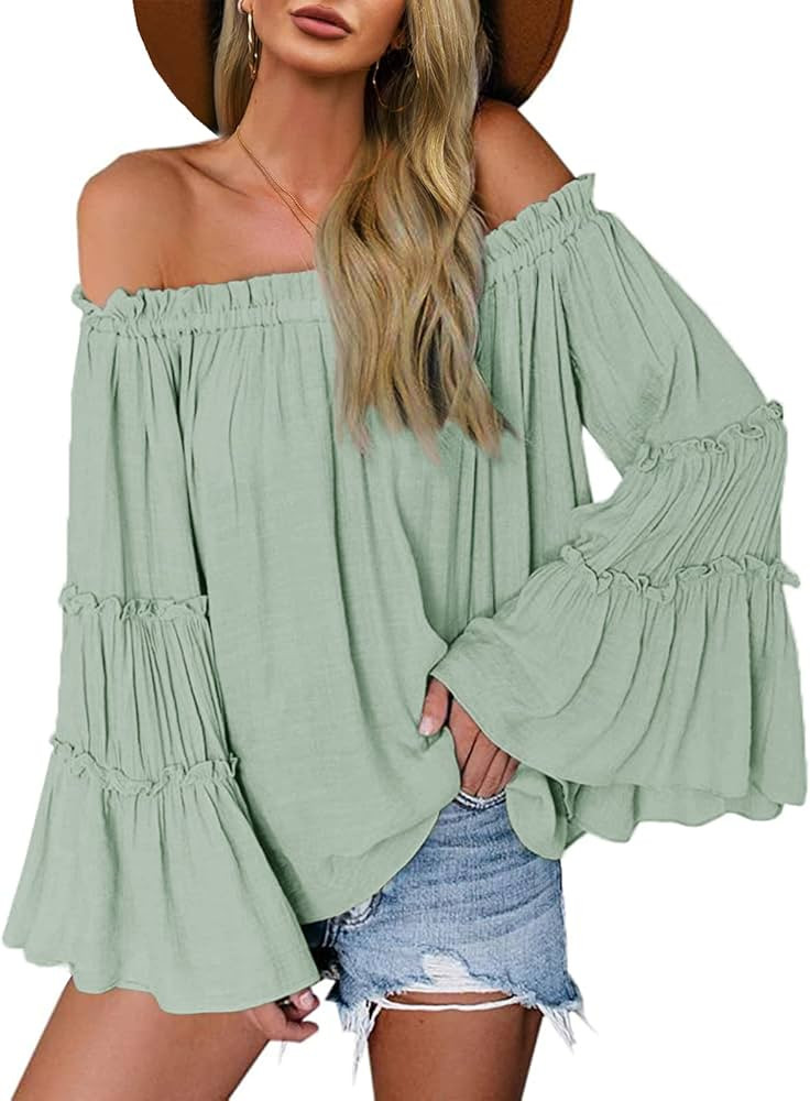 Womens Off The Shoulder Long Bell Sleeve Tops Flared Casual Loose Blouse | Amazon (US)