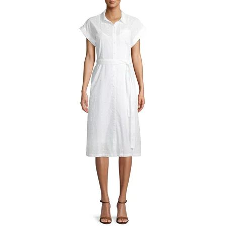 Time and Tru Women's Eyelet Belted Midi Shirt Dress | Walmart (US)
