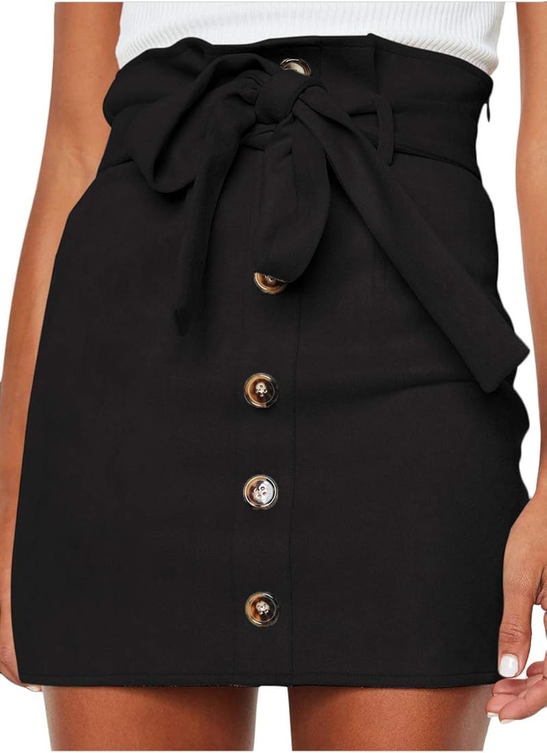 Meyeeka Women's Paperbag High Waist Button Trim Front Belted Faux Suede Mini Skirt | Amazon (US)
