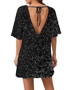 Women's Sparkly Sequin Shirt Mini Dress Party Club Dress Half Sleeve Crewneck Tie Backless Velvet... | Amazon (US)
