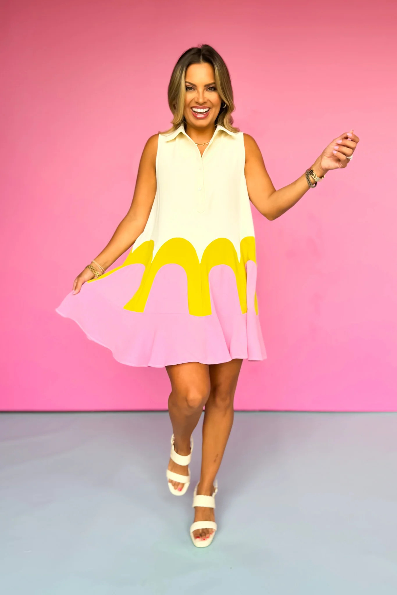 Ecru Pink Sleeveless Collared Colorblock Arch Dress | Shop Style Your Senses