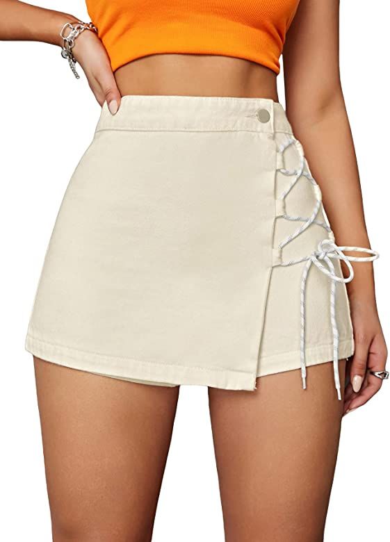 WDIRARA Women's Wrap Lace Up Tie Side High Waist Skort Casual Button Skirt Shorts | Amazon (US)