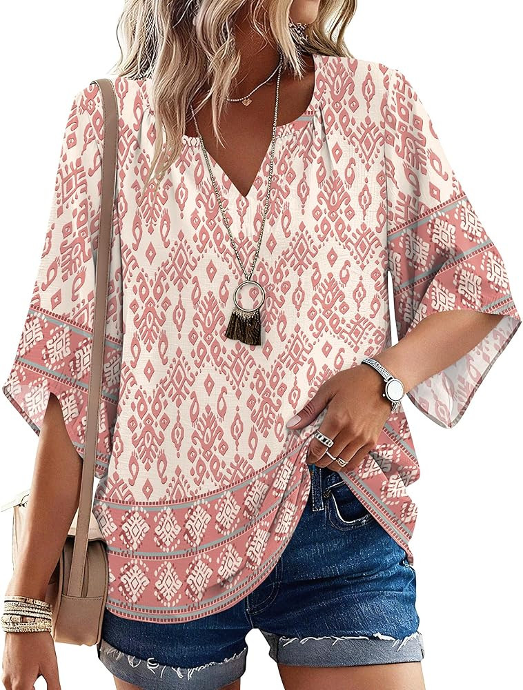 LOMON Women's 3/4 Length Sleeve Boho Tops V Neck Casual Vacation Clothes Loose Fit Tunic Shirts S... | Amazon (US)