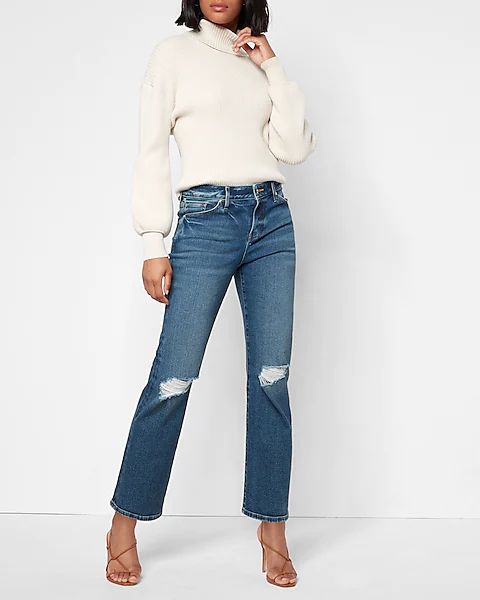 Mid Rise Dark Wash Ripped 90s Ankle Boot Jeans | Express