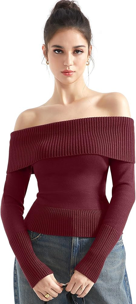 SUUKSESS Women Off Shoulder Sweaters Long Sleeve Ribbed Knit Going Out Fall Tops Blouse | Amazon (US)