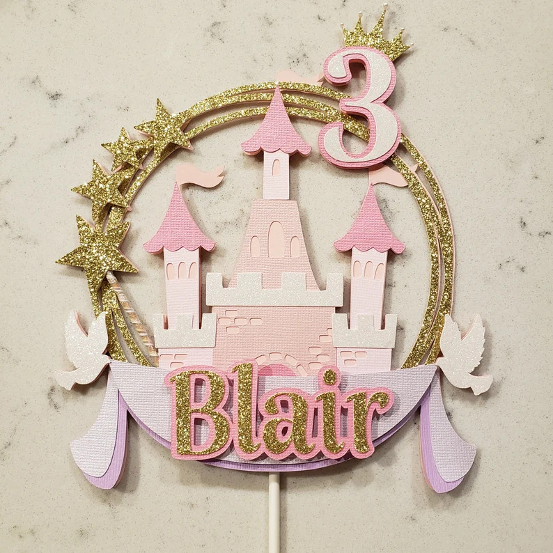 Personalized Cake Topper | Princess Birthday Party Decor | Pink, Purple, White and Glitter Gold | Etsy (US)
