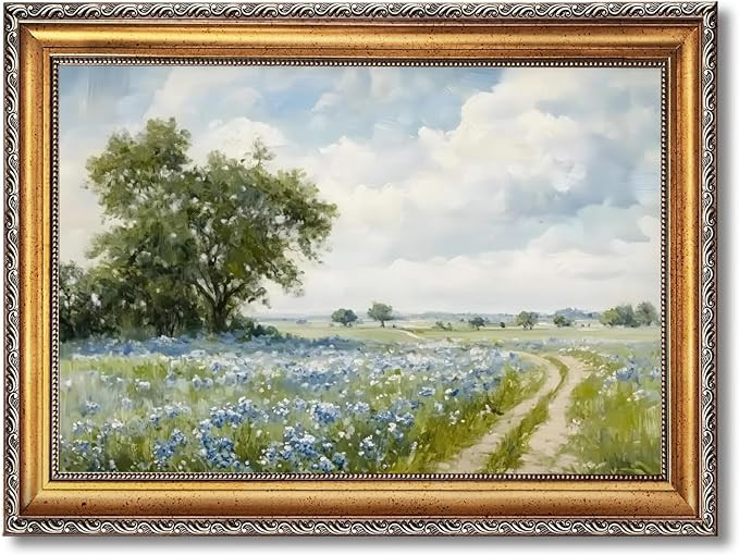 Retro Gold Framed Blue Wildflower Meadow Oil Painting Poster Vintage Country Landscape Canvas Wal... | Amazon (US)