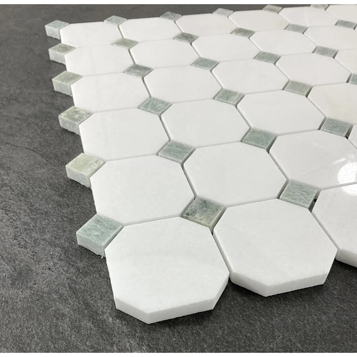 Thassos White Octagon and Green Dot Wall & Floor Mosaic Tile | Wayfair North America