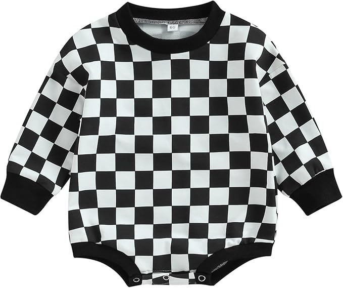 Karuedoo Baby Boy Girl Checkered Sweatshirt Romper Oversized Long Sleeve Bubble Romper Top Neutra... | Amazon (US)