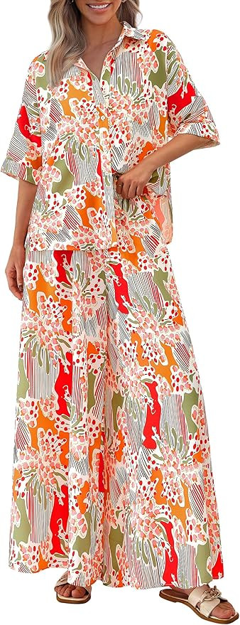 PRETTYGARDEN Women's 2 Piece Beach Vacation Outfit 2025 Casual Summer Floral Button Down Shirt Wi... | Amazon (US)