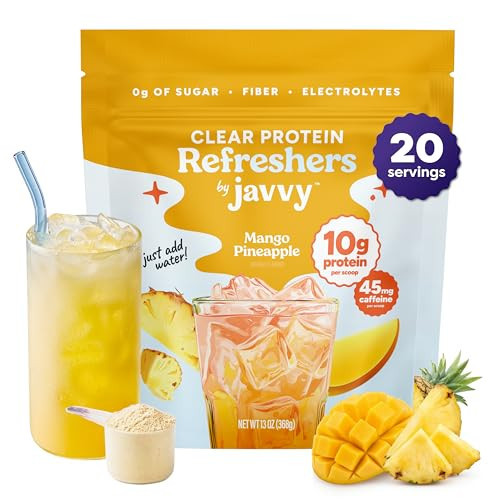 Javvy Clear Protein Refresher Drink Mix – 10g of Whey Protein and Collagen Peptides, Electrolytes Powder, Natural Flavors, 0g of Sugar, 45mg Caffeine, 20 Servings, Pineapple Mango | Amazon (US)