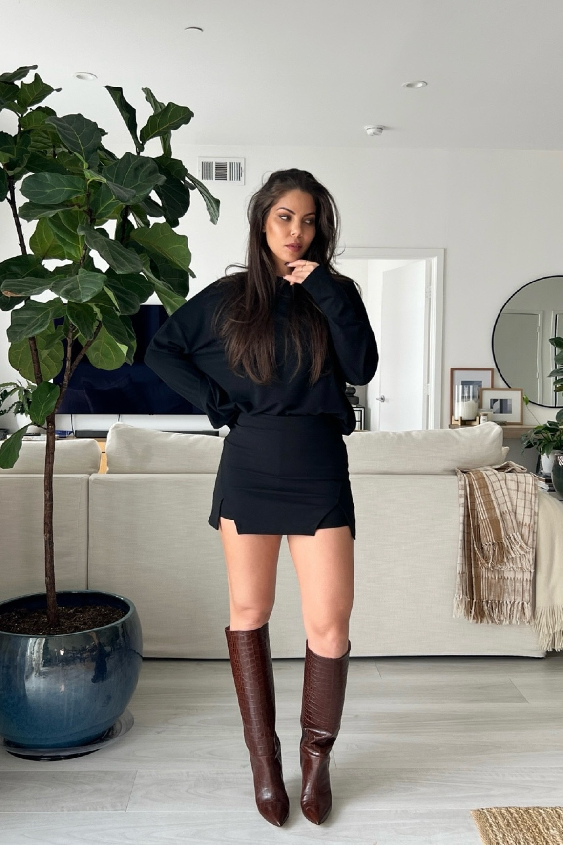 Summer Date Night Outfit 
Brown boots, knee boots, black skirt, mini skirt, travel outfit, summer outfits, Paris Texas, 

#LTKParties #LTKStyleTip #LTKShoeCrush