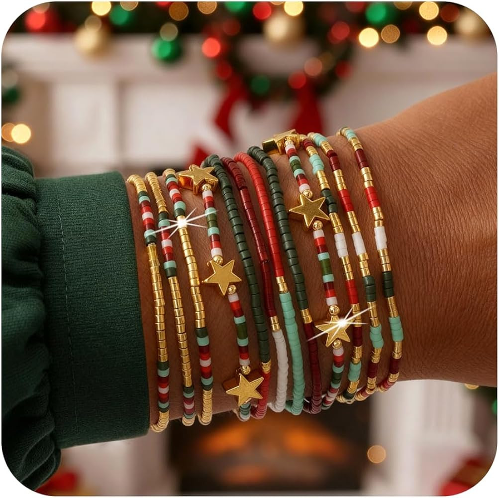 Gold Beaded Bracelets Stack for Women Stocking Stuffers 12PCS Boho Gold Plated Seed Beads Bracele... | Amazon (US)