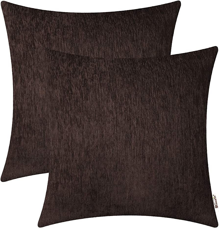 BRAWARM Chenille Throw Pillow Covers 22x22 Inches - Coffee Chenille Pillow Covers Pack of 2, Soli... | Amazon (US)