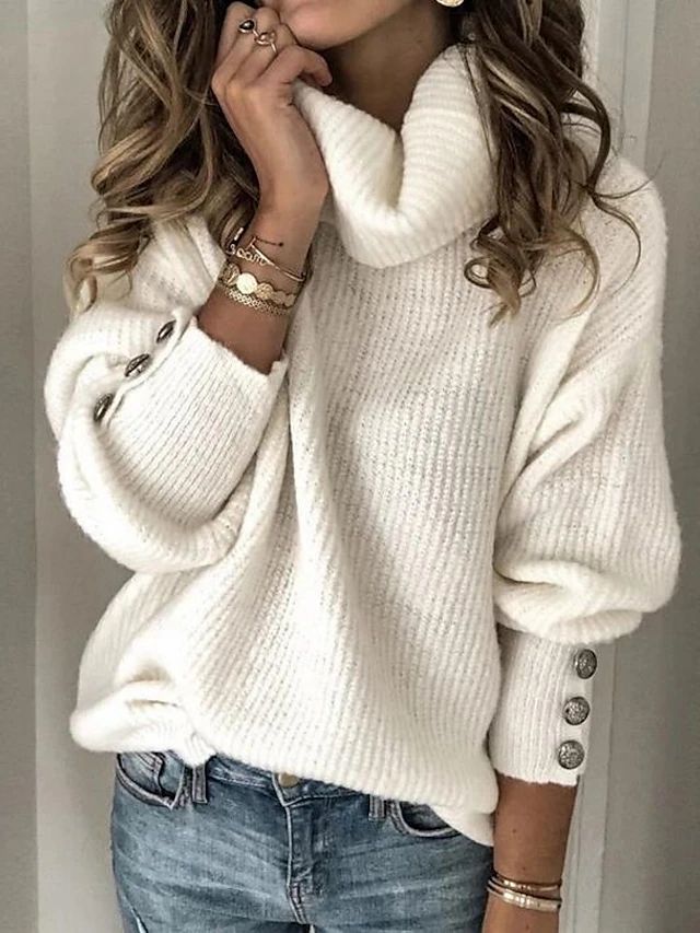 [$31.49] Women's Sweater Pullover Knitted Button Solid Color Stylish Basic Casual Long Sleeve Reg... | Light in the Box