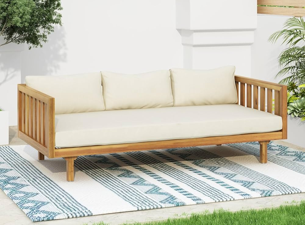 Merax Outdoor 3 Seater Daybed, Acacia Wood Day Bed Couch Sofa with Cushions for Patio Backyard, G... | Amazon (US)
