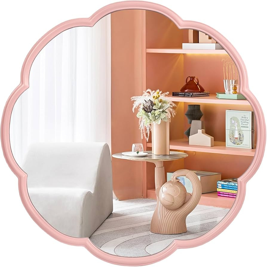 Pink Scalloped Wall Mirror 24", Decorative Round Mirror Metal Frame, Flower Pattern Hanging Wall ... | Amazon (US)
