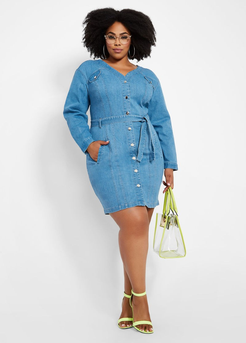 Plus Size Button Front Belted Denim Dress | Ashley Stewart