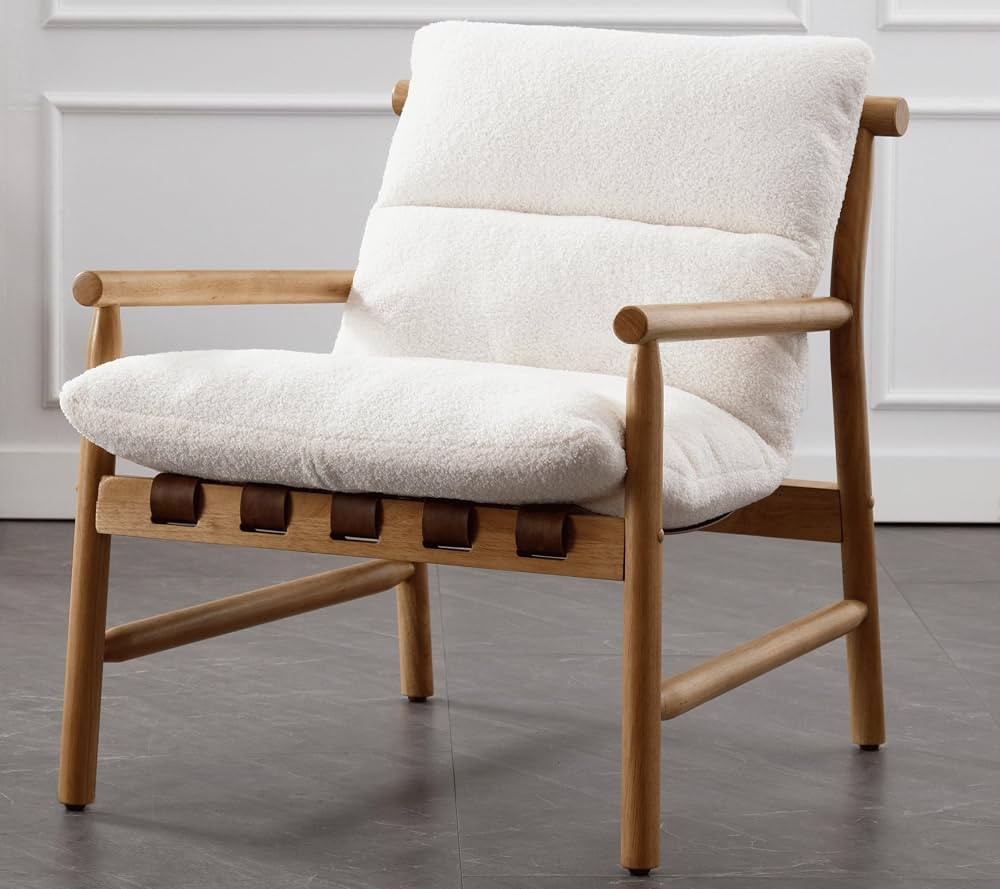 White Sherpa Accent Chair Mid Century Modern Living Room Chairs Comfy Arm Chair with Solid Wood F... | Amazon (US)
