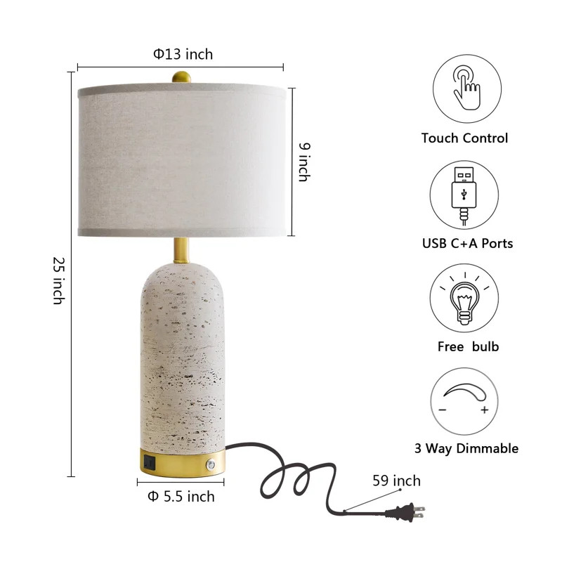25" Table Lamp Set Of 2 For Bedroom, Touch Control Bedside Lamps With USB A + USB C Charging Port... | Wayfair North America