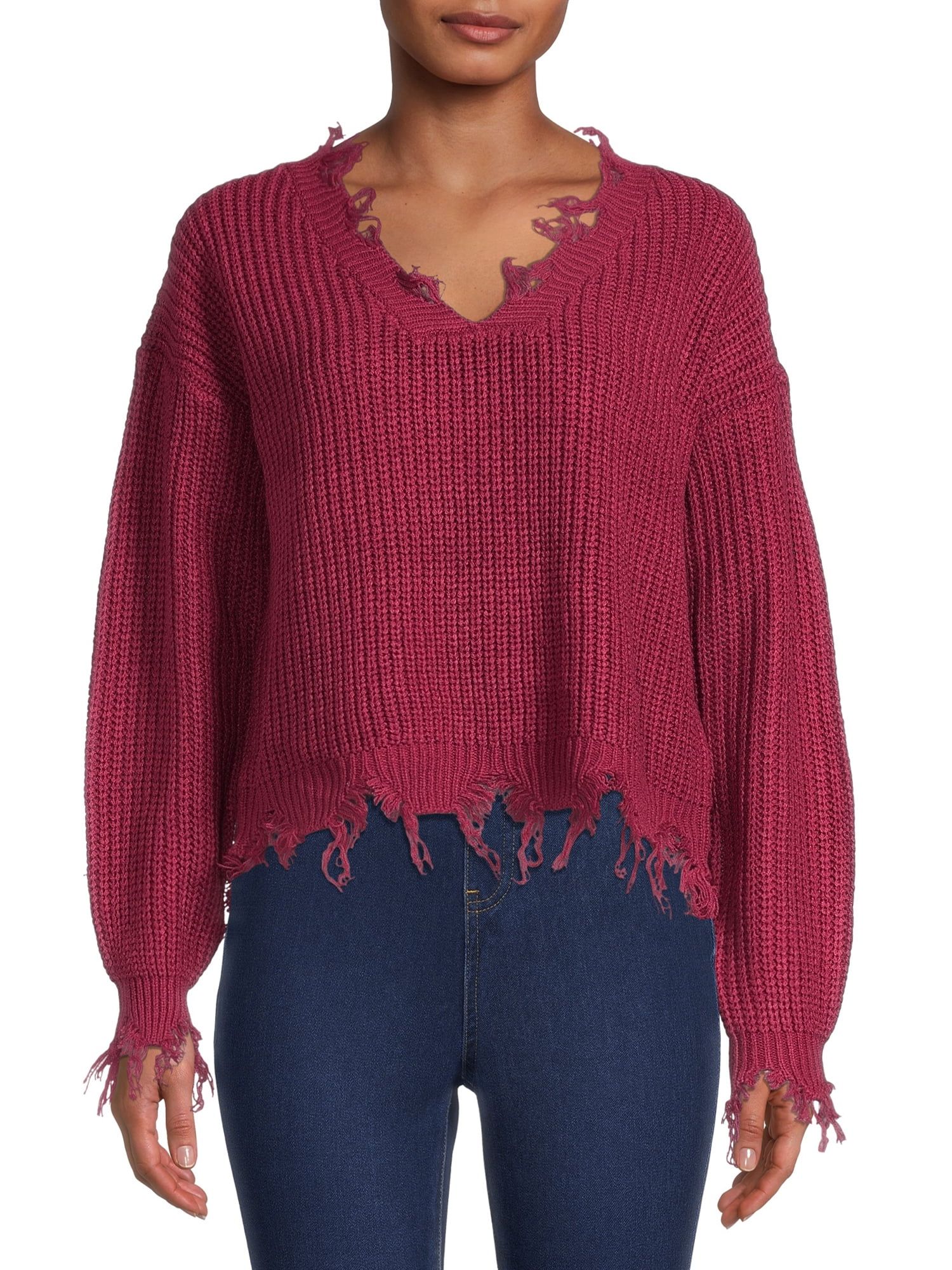 Derek Heart Juniors’ Destructed Edge Pullover Sweater with Long Sleeves | Walmart (US)