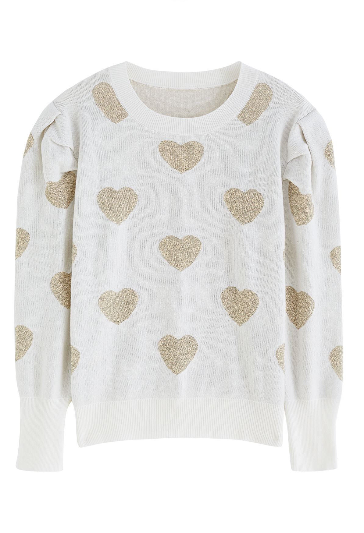 Metallic Heart Puff Shoulder Knit Sweater in Ivory | Chicwish