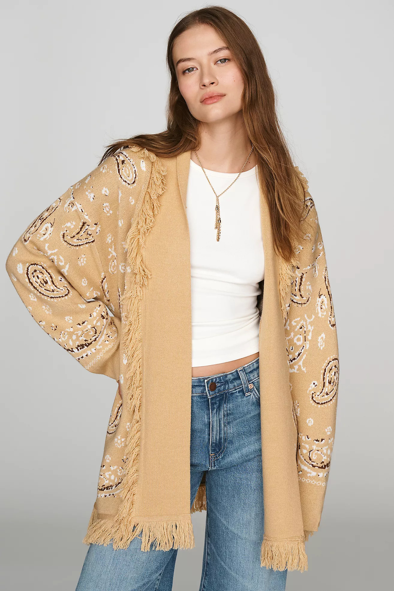 Flat White Fringe Wrap Cardigan Sweater | Anthropologie (US)