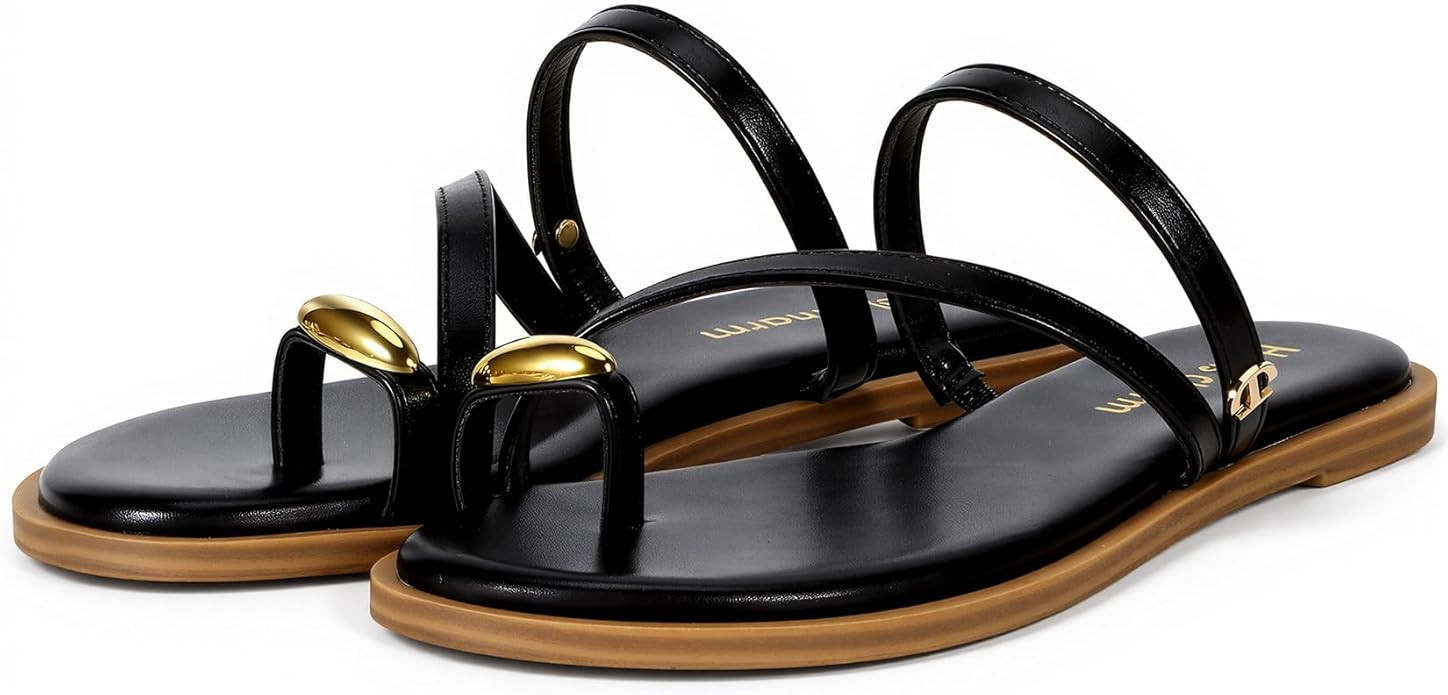 Heels Charm Women’s Flat Sandals Metal Toe Ring Slip On Sandals Round Open Toe Slide Sandals Fl... | Amazon (US)