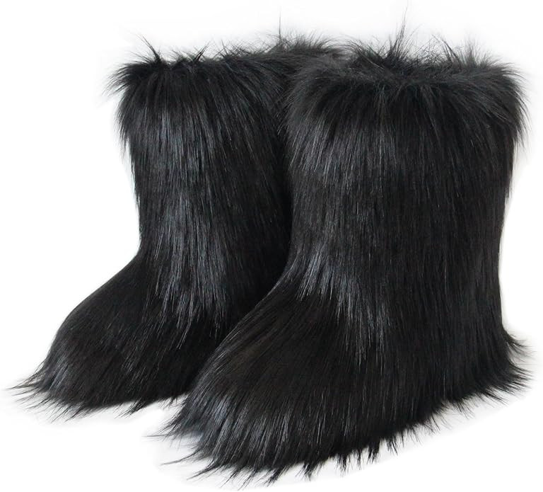 QMFUR Women's Furry Faux Fur Boots Fuzzy Fluffy Mid Calf Snow Boots Suede Warm Fur Lined Booties ... | Amazon (US)