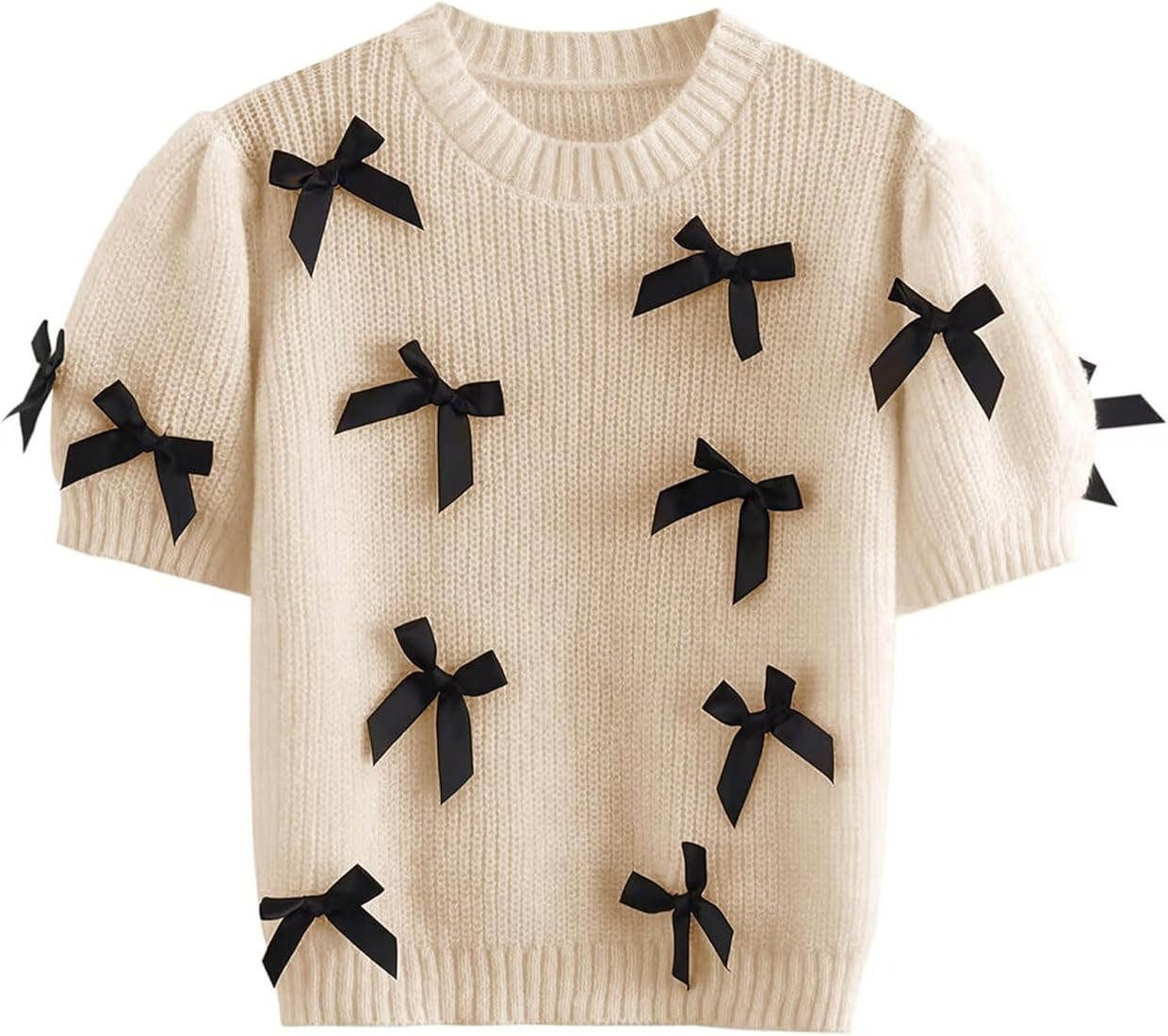 Women's Sweaters Knitted O-Neck Puff Short Sleeve Pullover Tops Casual Bow Knitwear T Shirts Blou... | Amazon (US)