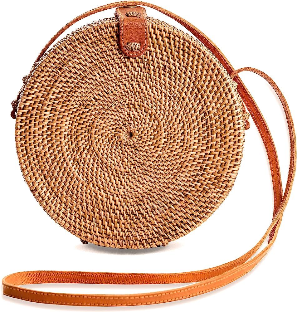 Novum Crafts Round Rattan Bag for Women - Handmade Ata Wicker Woven Purse - Circle, Square, Oval Brown Straw Boho Bags | Amazon (US)