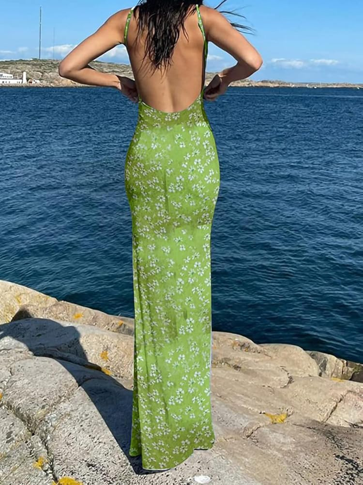 Women Floral Print Spaghetti Strap Backless Maxi Dress Sleeveless Hollow Out Long Dress Bodycon S... | Amazon (US)