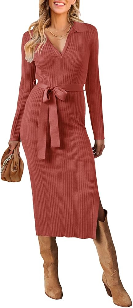 MEROKEETY Women's 2024 Fall Sweater Dress Long Sleeve Collared V Neck Slit Knit Bodycon Midi Dres... | Amazon (US)