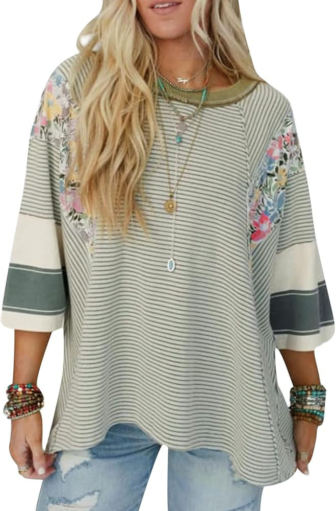 Women's Casual Loose Tops 3/4 Sleeve Round Neck Floral Print Striped Going Out T-Shirt | Amazon (US)