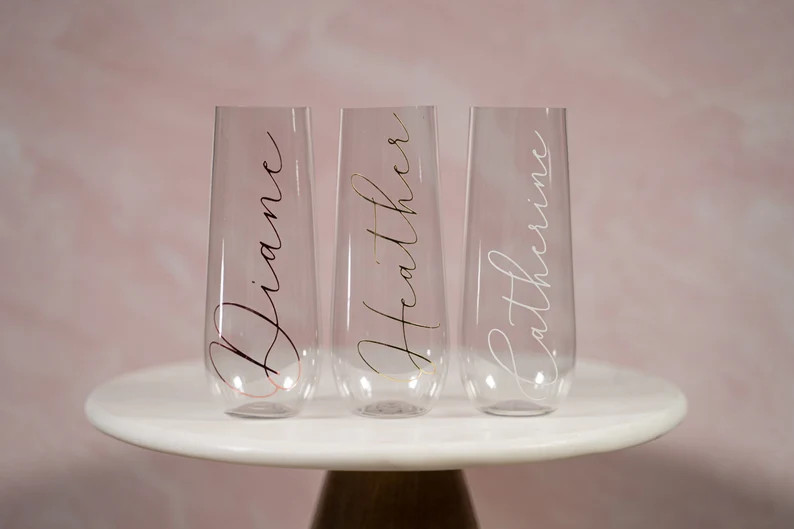 Champagne Flute l Stemless Plastic Champagne l Personalized Bridesmaid Gifts l Champagne Glass l ... | Etsy (US)