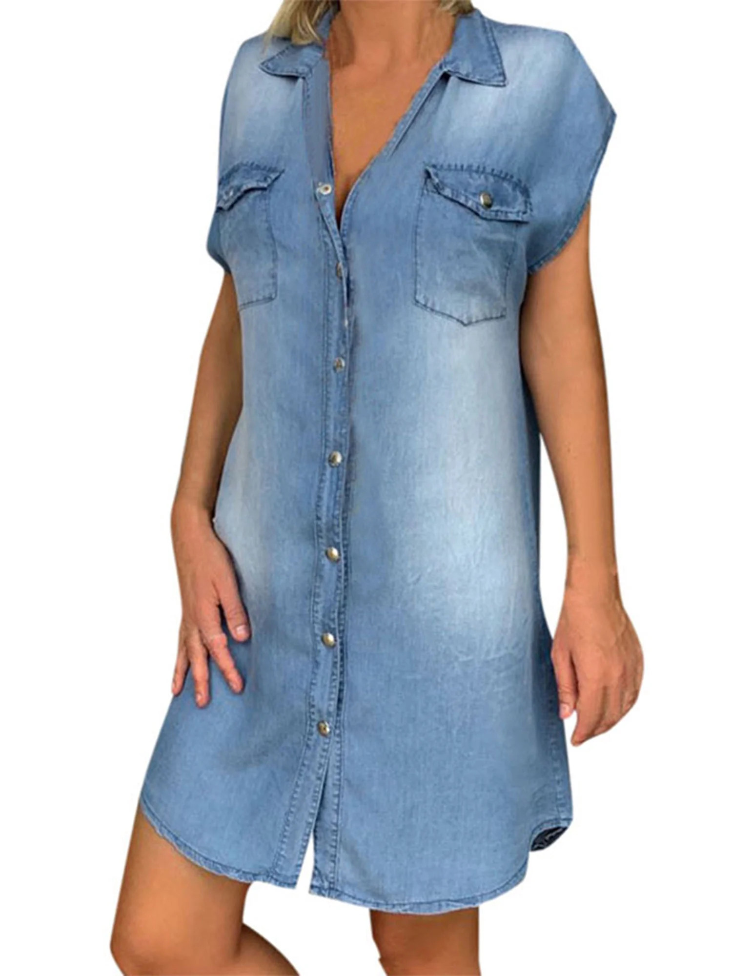 Sexy Dance Women Denim Dress Short Sleeve V-neck Collar Shirts Dress Summer Mini Dress with Pocke... | Walmart (US)